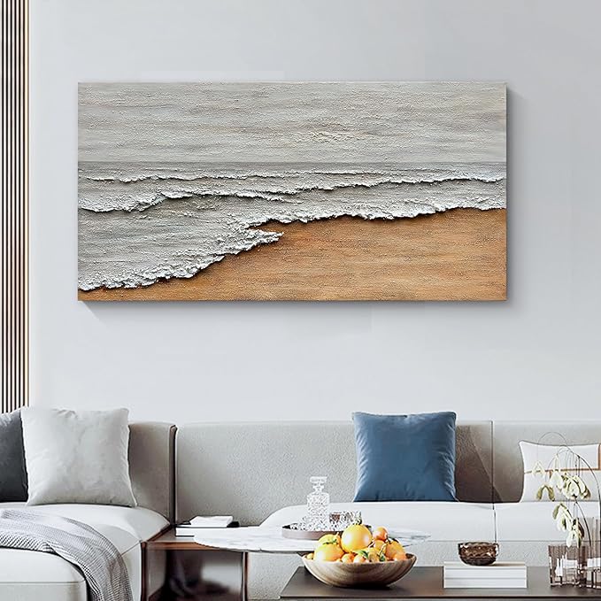 Art Hand-Painted Yellow and White Ocean Beach Landscape Oil Painting Modern Abstract Canvas Art Home Wall Decoration 24x48 inches