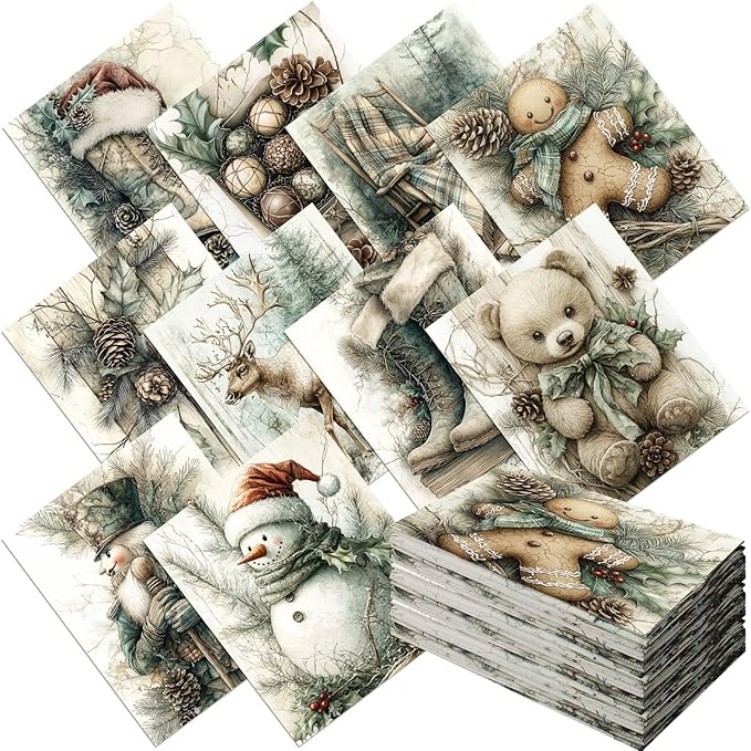 10 Pcs 18 x 22 Inch Vintage Green Christmas Quilting Fabric Winter Snowman Fat Squares Reindeer Patchwork Precut Strips Gingerbread Man Fabric Materials for Winter Xmas Sewing Craft DIY