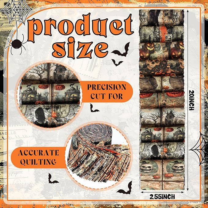Ganeen 100 Pcs Gothic Christmas Fabric Vintage Halloween Quilting Fabric Roll 2.56 Inch Skull Ghost Jelly Squares Pumpkin Black Cat Patchwork Precut Strips Bundles for Sewing Materials Craft DIY