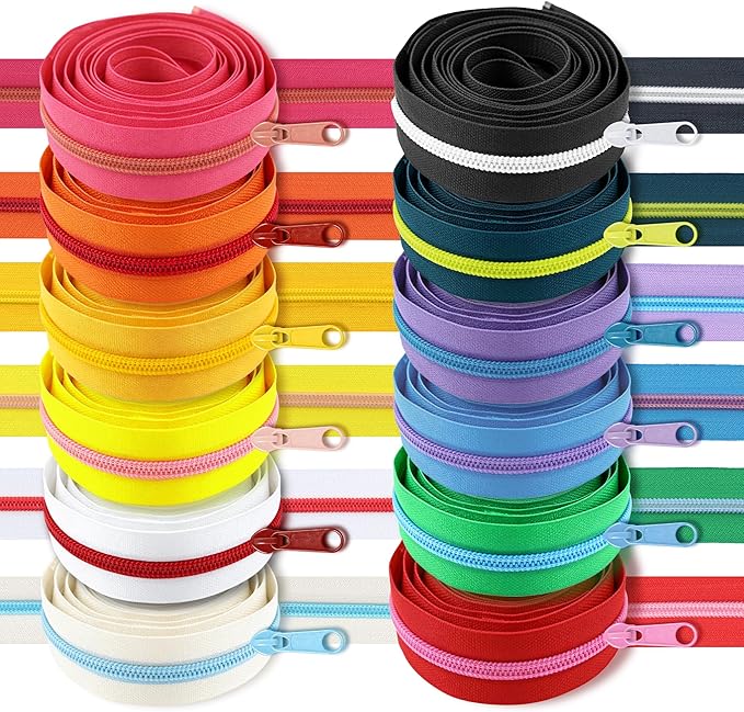 SHRJ 12Pcs 36 Yards Sewing Zippers #5 Nylon Coil in Assorted Colors with 120 Zipper Sliders Pull Head Zipper Repair Kit for DIY Tailor Sewing Crafts Supplies Clothes Bag