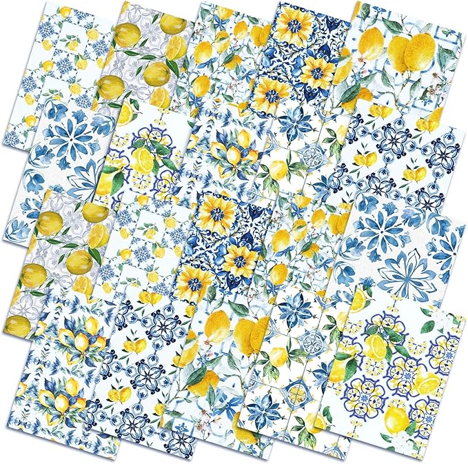 Hahafelt 10 Pcs Lemon Quilting Fabric Square 18 x 22 Inch Chinoiserie Quilted Fabric Bundle Blue White Yellow Lemon Printed Floral Precuts Patchwork Supplies for Summer DIY Sewing Crafts