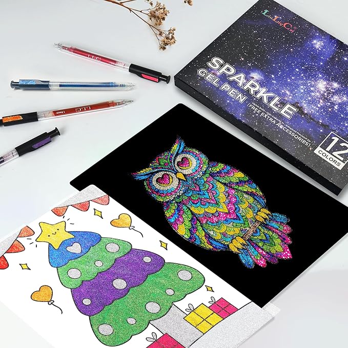 12 Colors Retractable Glitter Gel Pens, Large Capacity Metallic Sparkle Gel Ink Pens &1.0 mm Fine Tip, Colored Glitter Pens for Adult Coloring Book Drawing Note Taking Writing Doodling