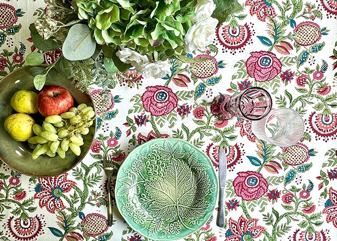 ATOSII Ruby 100% Cotton Rectangle Summer Tablecloth, Block Print Floral Table Cloth for Dining Table, Parties, Weddings, Outdoors Grand Millenial Decor I 60 X 108 Inches I 8 Seater I