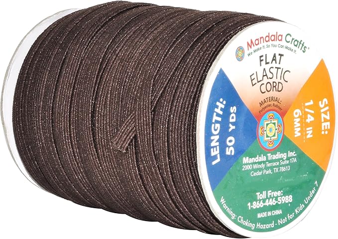 Mandala Crafts 6mm 50 Yds Roll of Brown Elastic Bands for Sewing - 1/4 Flat Elastics Cord - 1 4 Inch Braided Stretch Straps for Crafting
