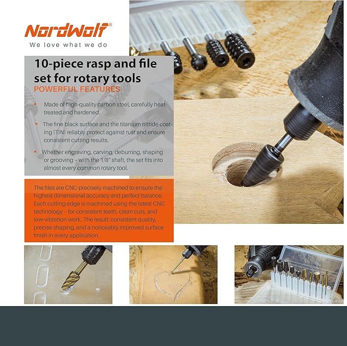 NordWolf 10-Piece Wood Carving Rasp Files Set for Rotary Tools, with 1/8" Straight Shank for Woodworking, Deburring, Shaping & Grooving in Storage Case