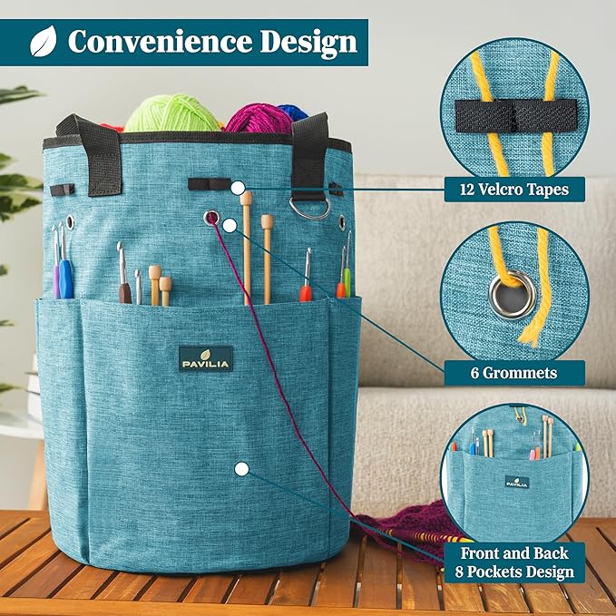 PAVILIA Crochet Bag Knitting Bag Organizer, Yarn Bag Storage Tote for Crocheting On The Go, Knitting Accessories Supplies Holder with Grommets, Gift for Crochet Lovers Knitters (Turquoise Blue)