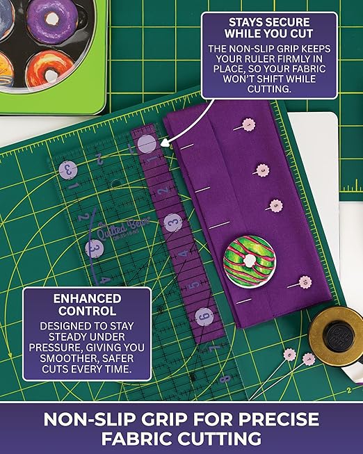 The Quilted Bear Quilting Rulers - Transparent Acrylic Non Slip Quilting, Patchwork & Sewing Ruler with Clear Black Lines & 30, 45 & 60 Degree Angles for Perfect Accuracy & Precision (0.5" x 8")