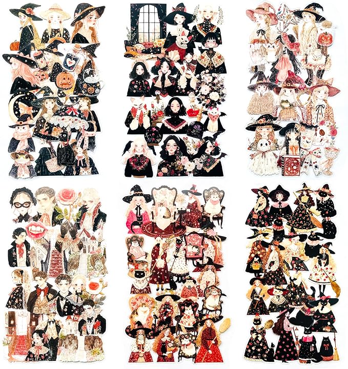 120 PCS Vintage Witch Scrapbook Stickers – Dark Gothic Halloween Witches, Magic Potions, Black Cats, Retro Witchy Aesthetic Sticker Pack for Journaling, DIY Crafts, Laptop, Halloween Decorations