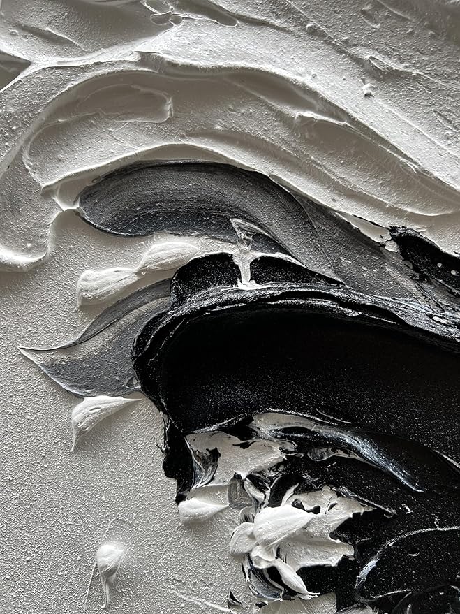 NANKAI Art Hand-Painted Thick Textured White and Black Minimalist Oil Painting Home Wall Art Deco 36x24 inches