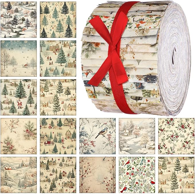 40 Pcs Woodland Christmas Quilting Fabric Roll 2.56 Inch Precut Fabric Squares Jelly Patchwork Santa Red Cardinal Strips Materials for Winter Xmas Holiday Craft Sewing Panels DIY