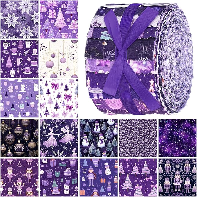 Fanfanwin 40 Pcs Purple Christmas Quilting Fabric Roll 2.56 Inch Precut Fabric Squares Jelly Patchwork Nutcracker Snowman Fairy Strips Materials for Winter Holiday Holiday Craft Sewing DIY