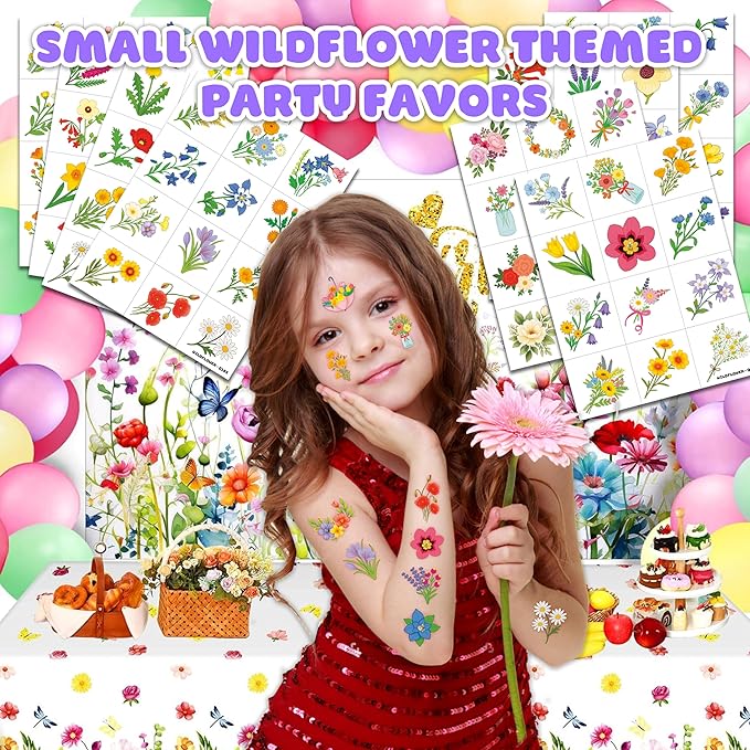 96 PCS Small Wildflower Pre-Cut Temporary Tattoos for Kids | Super Cute Floral Themed Birthday Party Favors, Supplies, Decorations, Fake Tattoo Stickers, School Rewards Prizes & Gifts for Boys Girls
