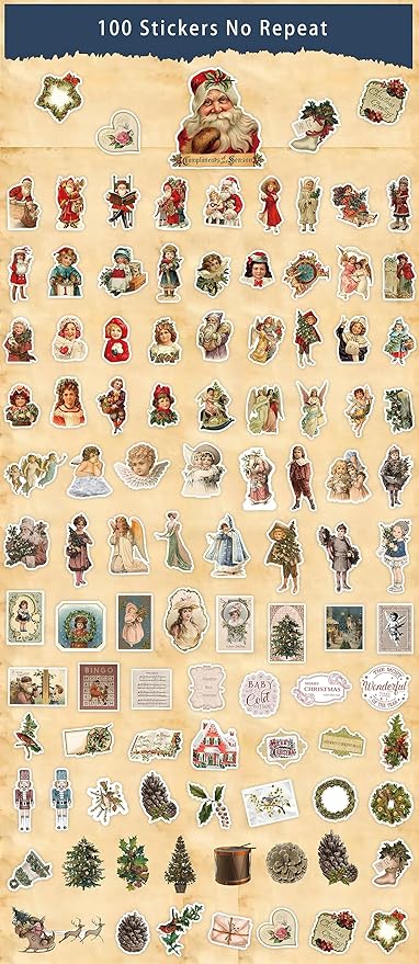 100 Pcs Christmas Stickers Non-Repeating Retro Santa Claus Stickers Christmas Decoration,Waterproof Holiday Sticker for Scrapbook,Cards,Junk Journals, Laptop,Water Bottles (Santa 100 Pcs)