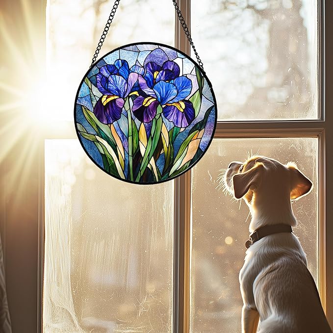 Stained Glass Window Hanging - Blue Purple Iris Flower Suncatcher for Door Garden Patio Sun Catchers Decor Christmas Mother's Day Birthday Gifts for Women Men Mom Nana Aunt Friend 11.8 in