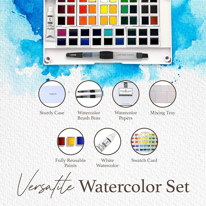 SCHPIRERR FARBEN - Professional Watercolor Paint Set, 48 Vivid Colors, Travel Watercolor Set with Classy Tin Box, Portable Watercolor Palette, Water Colors for Adult and Kids Use