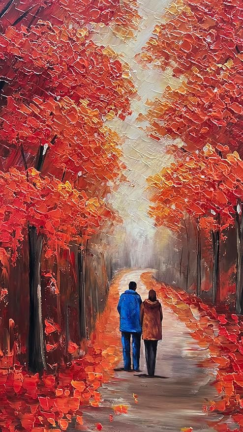 Autumn Forest Path Canvas Wall Art, Red Fall Trees Oil Painting, Large Modern Textured Artwork