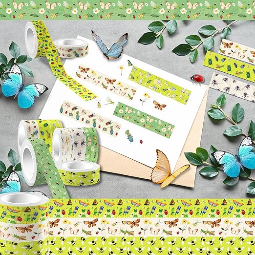 12 Pcs Insect Washi Tapes Set Ladybug Bees Dragonflies Butterflies Flowers Pattern Masking Tape Insect Themed Decorative Tape Insect Printed Decorative for DIY, Planner, Scrapbooking, and Party Decor