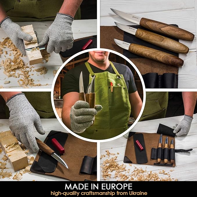 BeaverCraft Deluxe Wood Carving Kit with 3pcs High‑Carbon Steel Sloyd Knives S19x – Whittling Knife Set with Walnut Handles, Leather Tool Roll & Leather Strop, Polishing Compound – Wood Carving Tools