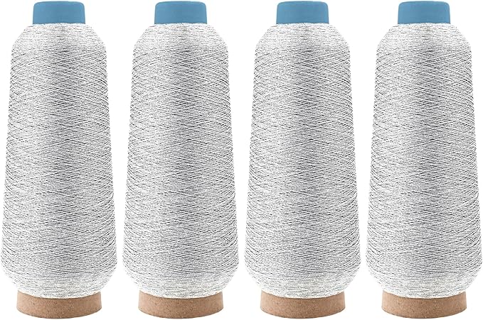 Mandala Crafts 4 Pack of Serger Threads Cones Spools - 150D/2 Polyester Metallic Silver Threads for Sergers Machine and Overlock Quilting Sewing Machine