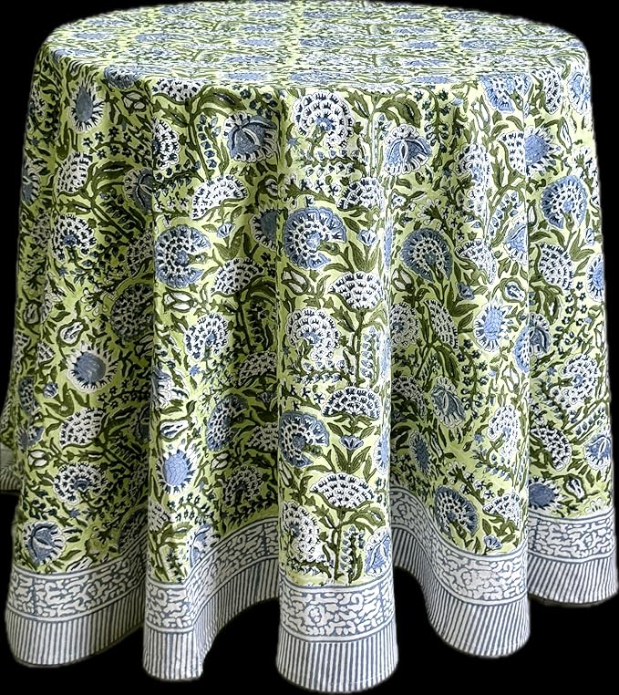 ATOSII Amara 100% Cotton Round Summer Tablecloth, Handblock Print Floral Table Cloth for Kitchen Dining Linen I Parties, Weddings, Outdoors I Grand Millennial Farmhouse Home Decor 90" Inches Round