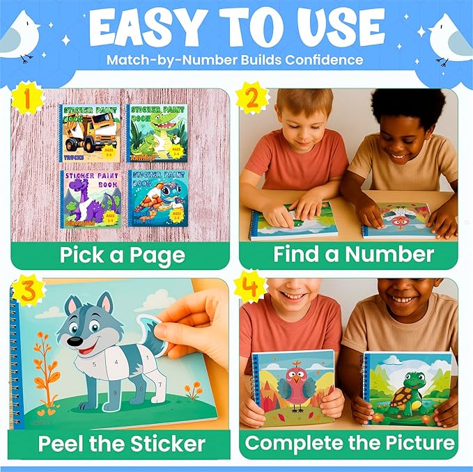 BulbaCraft 4Pcs Sticker Paint Books - Sticker Books by Number with Dinosaurs, Trucks, Animals and Under The Sea - Coloring Activity