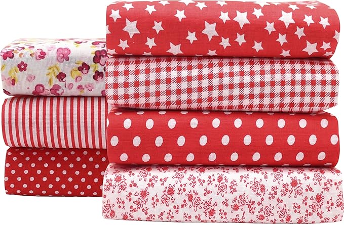 7PCS/lot Red Series Floral Cotton Fabric Quilting Patchwork Fabric Fat Quarter Bundles Fabric for Scrapbooking Cloth Sewing DIY Crafts Handmade Bags Pillows 19.7X19.7inches