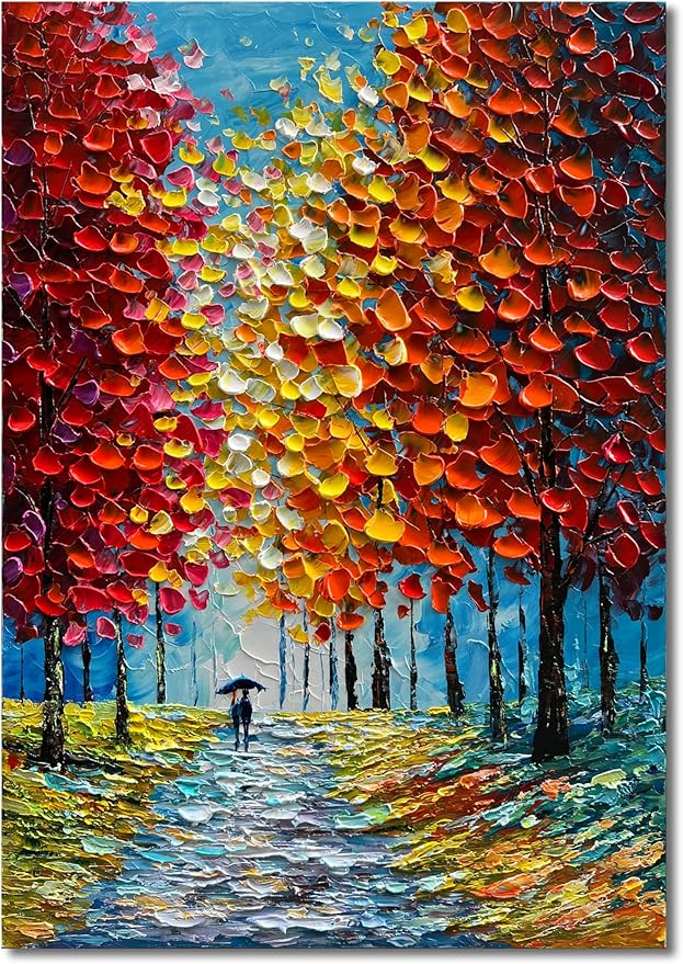 Art Hand-Painted Modern 3D Abstract Oil Painting 45x30 Inch Large Forest Landscape Vertical red Canvas Wall Art Living Room Bedroom Art Decoration