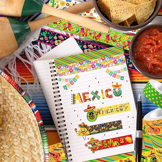 Mexican Fiesta Washi Tape 12 Rolls Mexican Fiesta Washi Tape Masking Decorative Cinco De Mayo Washi Tape for DIY Craft Gift Wrapping Handbook Sticker Scrapbook Journaling Party Favor