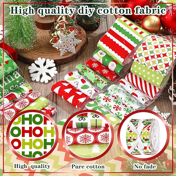 Fanfanwin 40 Pcs Red and Green Christmas Quilting Fabric Roll 2.56 Inch Precut Fabric Squares Jelly Patchwork Snowflake Peppermint Strips Materials for Winter Xmas Holiday Craft Sewing Panels DIY