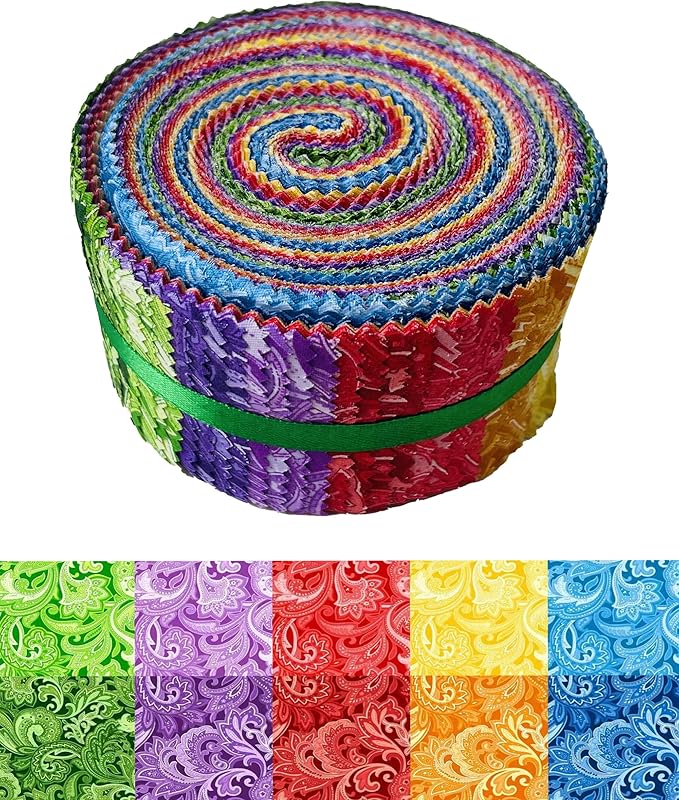 LUMANSUO Jelly Roll Fabric - 10 Assorted Solid Colors, 100% Cotton, 40 Pre-Cut Strips (2.5 x 44 Inch) Fabric for Quilting and Sewing,Paisley