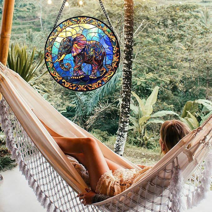 Stained Glass Window Hanging - Blue Elephant Suncatcher for Door Terrace Garden Home Decor, Yellow Retro Sun Catcher Birthday Gifts for Lovers Women Men Dad Mom Nana 6.3 in