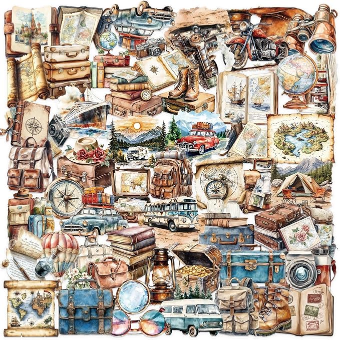 50PCS Vintage Travel Adventure Clear Scrapbook Stickers – Retro Outdoor Expedition Aesthetic, Waterproof Decorative Antique Decals for Journaling, Luggage, Laptop, Art Ablum Supplies
