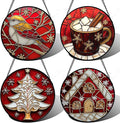 Stained Glass Window Hanging 4 Pcs Set Red Christmas Themed Decorations 7.8" - Suncatcher Door Garden Sun Catcher Decor Birthday New Year for Mom Woman Nana Men