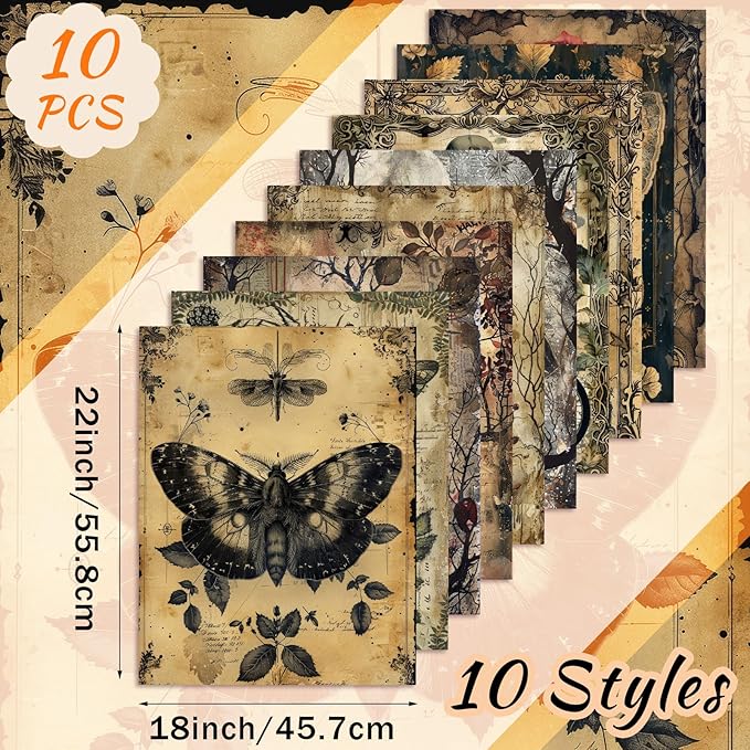 Hahafelt 10 Pcs 18'' x 22'' Vintage Halloween Quilting Fabric Squares Spooky Gothic Retro Halloween Precut Fabric Bundle Skeleton Crow Butterfly Rose Heart for DIY Craft Sewing Quilt Material Handmade