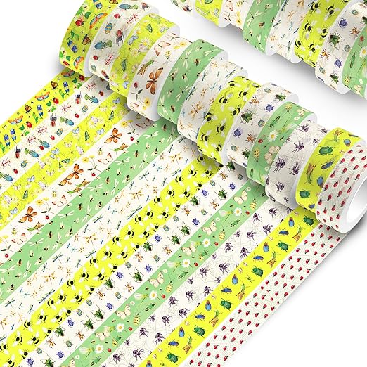 12 Pcs Insect Washi Tapes Set Ladybug Bees Dragonflies Butterflies Flowers Pattern Masking Tape Insect Themed Decorative Tape Insect Printed Decorative for DIY, Planner, Scrapbooking, and Party Decor