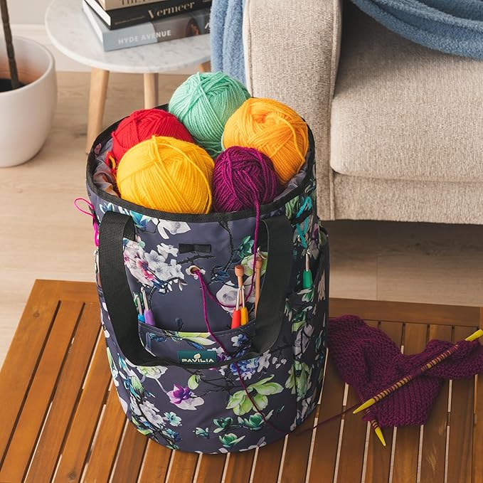 PAVILIA Crochet Bag Knitting Bag Organizer, Yarn Bag Storage Tote for Crocheting On The Go, Knitting Accessories Supplies Holder with Grommets, Gift for Crochet Lovers Knitters (Floral Gray)