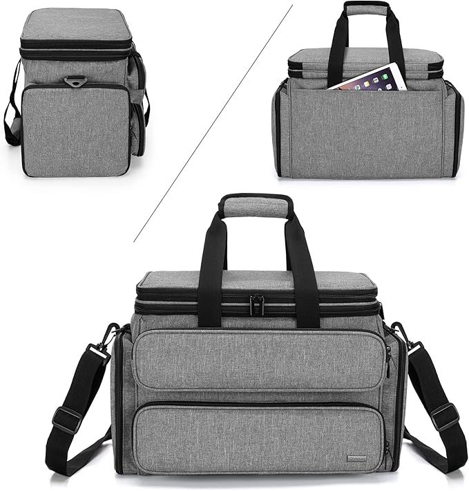 Yarwo Knitting Yarn Bag, Portable Crochet Storage Tote with Double Top Cover and Yarn Holes for Knitting Needles(Up to 14”), Unfinished Projects and Skeins of Yarn, Gray