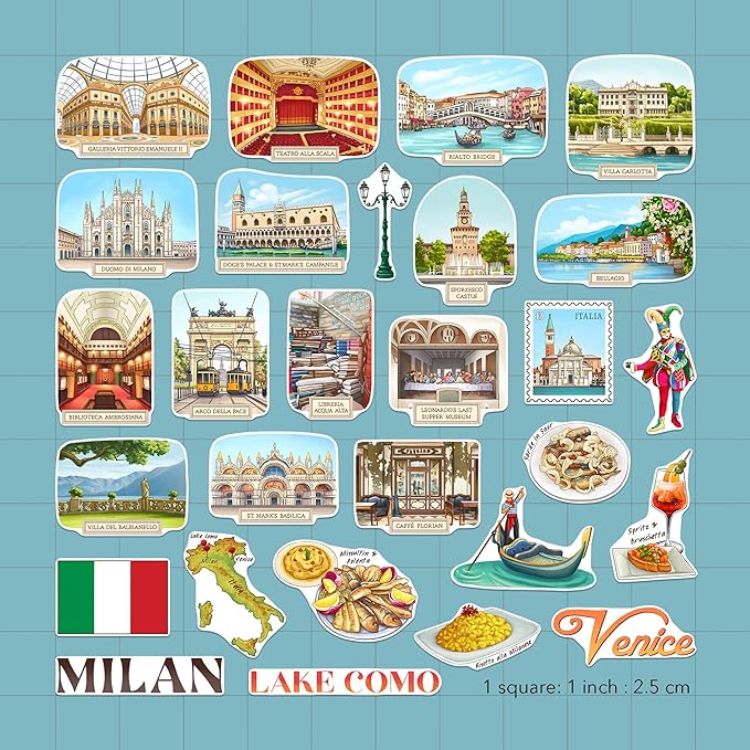 Navy Peony Northern Italy Travel Stickers (28pcs) - Gouache Style, Waterproof, Milan Venice-Themed Vacation Decals for Scrapbooks, Waterbottle