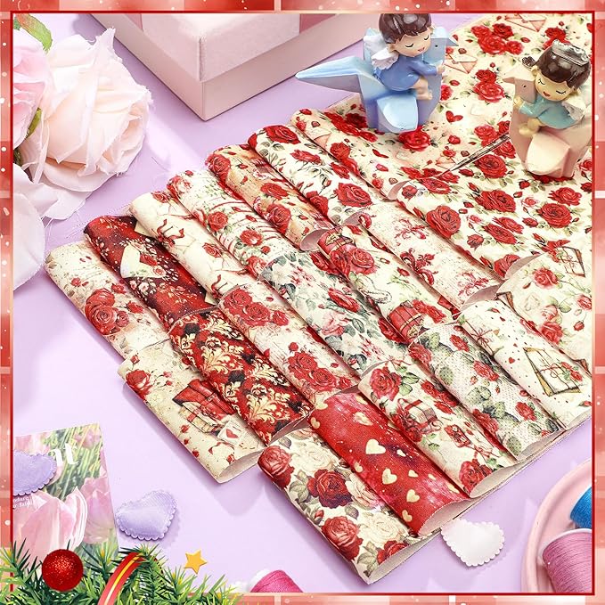 Ganeen 100 Pcs Vintage Valentine Red Rose Quilting Fabric Roll 2. 56 Inch Fabric Squares Jelly Patchwork Precut Strips Bundles for Holiday Materials Craft DIY Sewing Cloths