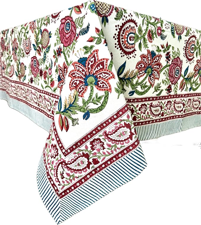 ATOSII Ruby 100% Cotton Square Summer Tablecloth, Block Print Floral Table Cloth for Dining Table, Parties, Weddings, Outdoors Grand Millenial Decor I 60 X 60 Inches I 4 Seater I