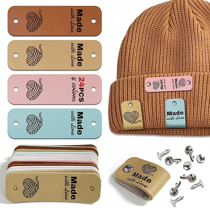 24pcs Crochet Tags for Handmade Items Made with Love Leather Tags for Crochet Items, Knitting Accessories with Rivets, Suitable for Scarves Hats Gloves, Gifts for Crocheters (Layout C)