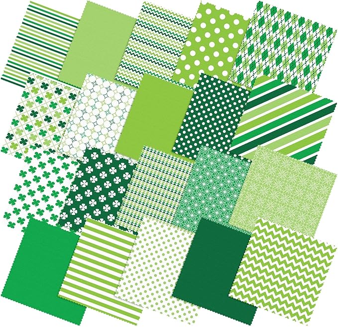 20 Pcs 10''x10'' St. Patrick's Day Quilting Fabric Square Bundle Irish Green Precuts Quiltted Fabric Shamrock Lucky Clover Printed Patchwork Supplies for Holiday Patchwork DIY Sewing Craft