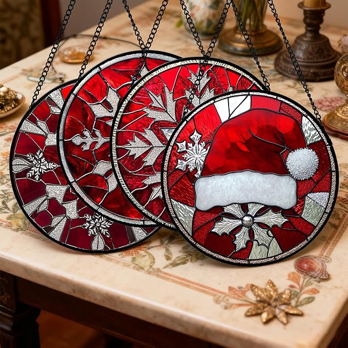 Stained Glass Window Hanging 4 Pcs Set Red Christmas Decorations Theme 9.8" - Suncatcher Door Garden Sun Catcher Decor Birthday for Mom Woman Nana Men Friend Wife