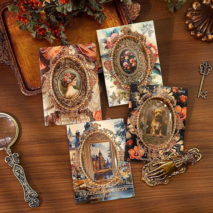 80 Pieces Vintage Baroque Style Frame Background Scrapbook Sticker Set, 4 Pack Aesthetic Palace Style PET Stickers for Scrapbooking, Journaling, Waterproof DIY Crafts and Junk Journal