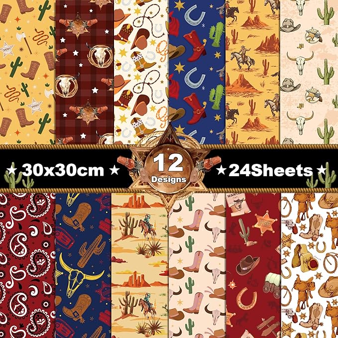 24 Sheets Western Cowboy Scrapbook Paper Pad Double-Sided Wild West Desert Cactus Rodeo Boots Patterned Decorative Craft Paper for Card Making Photo Album Journal DIY Craft, 11.8'' x 11.8''