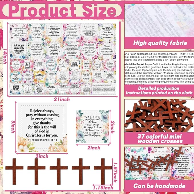 Pocket Prayer Quilt Panel Squares with Small Wooden Crosses Mini Scripture Pocket Prayer Quilt for Friend Family Religious Spiritual Gift Easter Reward Gift(Flower,Brown)