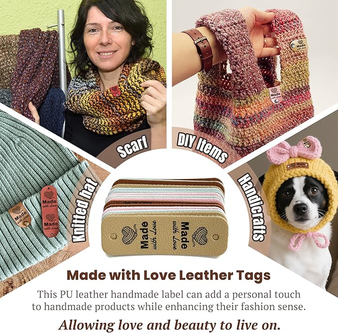 24pcs Crochet Tags for Handmade Items Made with Love Leather Tags for Crochet Items, Knitting Accessories with Rivets, Suitable for Scarves Hats Gloves, Gifts for Crocheters (Layout B)