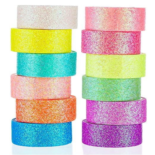 TIESOME 12 Rolls Glitter Washi Tape Set, 15mm Macaron Cute Colored Masking Tape, Decorative Masking Tapes for DIY, Scrapbook, Journal, Gift Wrapping, Crafts