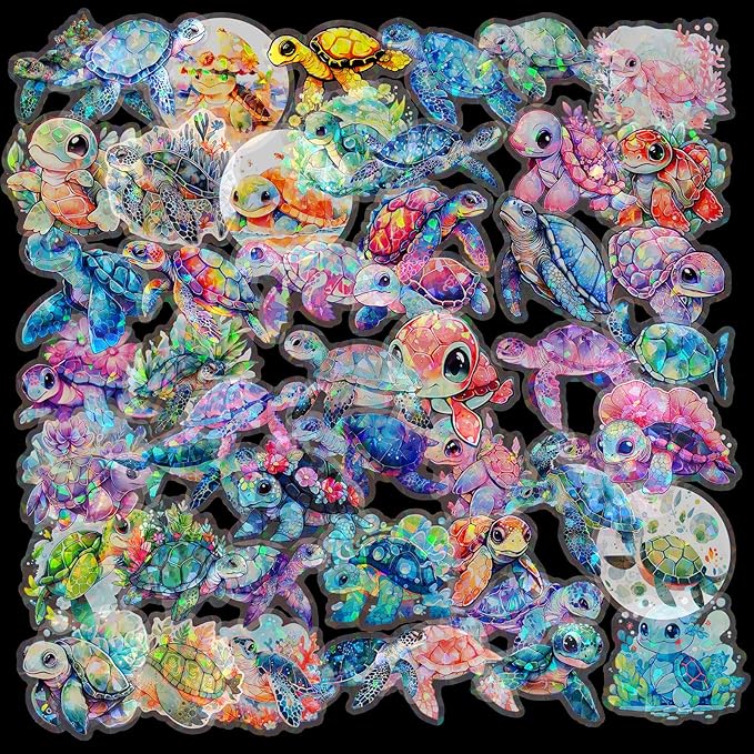 Yoksas Cute Holographic Sea Turtle Stickers - 50Pcs Waterproof Clear Kawaii Shiny Ocean Life Stickers for Scrapbook,Water Bottles,Laptops,Birthday Party Supplies