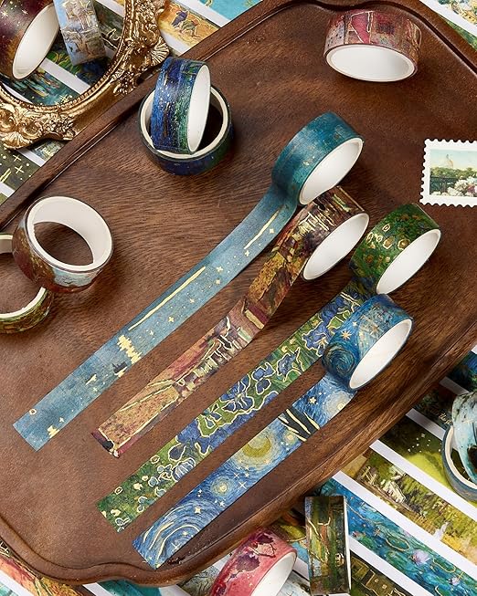 YUBX Landscape Washi Tape Set in Oil Painting Style 20 Rolls Scenery Drawing Masking Gold Foil Graphic Decorative Tapes for Arts, DIY Crafts, Journals, Planners, Scrapbook, Wrapping (Colourful)